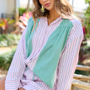 Palm Grove Light Pink and Green Multi Stripe Button Down Shirt