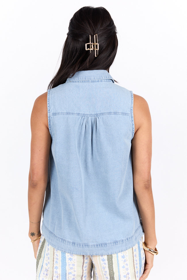 Smooth Sailing Light Wash Sleeveless Collared Chambray Tank - Image 5