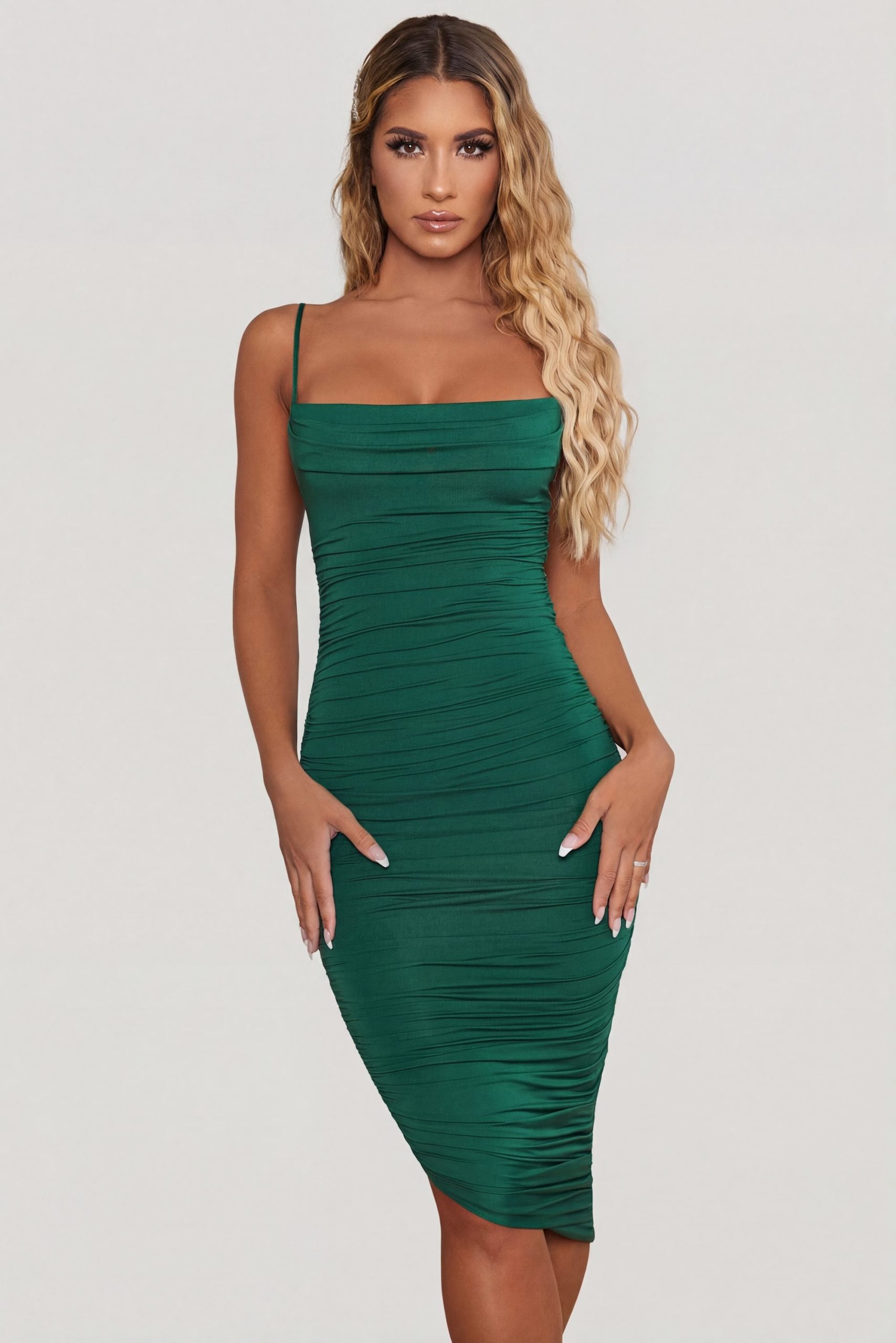 Cowl Neck Ruched Bodycon Midi Dress in Green - Image 7
