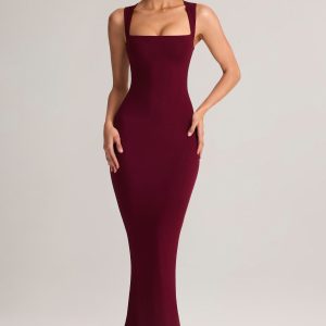 Modal Square-Neck Bodycon Midi Dress in Wine