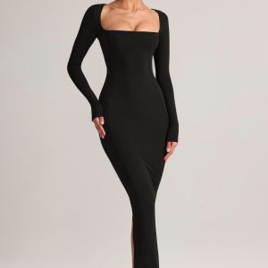 Modal Square-Neck Bodycon Maxi Dress in Black