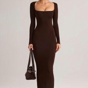 Modal Square-Neck Bodycon Maxi Dress in Chocolate Brown