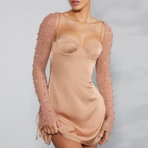 Long Sleeve Embellished A-line Mini Dress in Beige