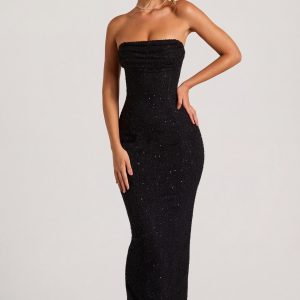 Embellished Bandeau Cowl Neck Maxi Dress in Black