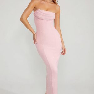 Embellished Bandeau Cowl Neck Maxi Dress in Blush