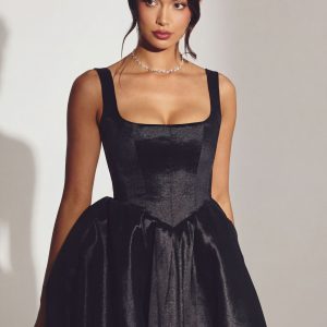 Woven Taffeta Corset Mini Dress in Jet Black