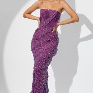 Embellished Bandeau Ruffle Maxi Dress in Plum