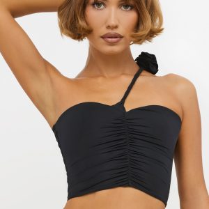 Slinky Jersey Rose Detail Asymmetric Top in Black