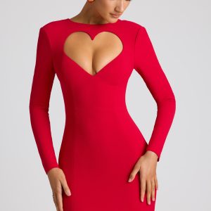 Heart Cut Out Long Sleeve Mini Dress in Fire Red