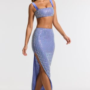 Embellished Mid Rise Gown Skirt in Blue