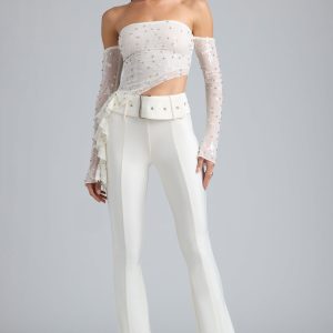 Metallic Belted Mid-Rise Flared Trousers in Ivory