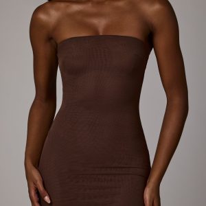 Soft Sheer-Mesh Bandeau Mini Slip Dress in Deep Cocoa