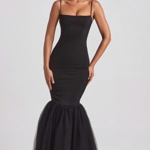 Tulle Hem Fishtail Gown in Black