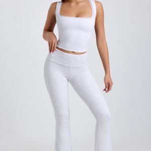 Ribbed Modal Mid-Rise Foldover Flared Trousers in Grey