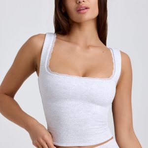 Ribbed Modal Lace-Trim Tank Top in Grey