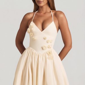 Halterneck Floral-Appliqu?? Corset Mini Dress in Ivory