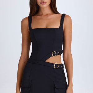 Belted Cut-Out Mini Dress in Black