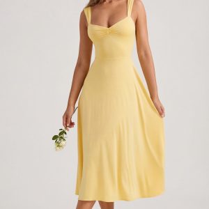Sweetheart-Neck Ruched Midaxi Dress in Pastel Yellow