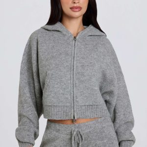 Soft Knit Zip-Up Cropped Hoodie in Grey