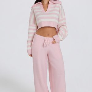 Knit Mid-Rise Wide-Leg Joggers in Soft Pink