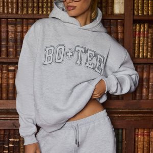Embroidered Oversized Hoodie in Grey Marl