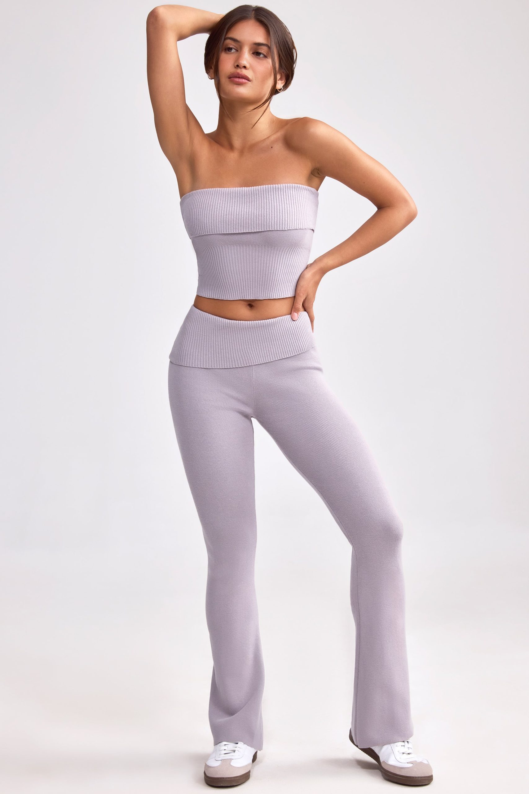 Chunky Knit Foldover Kick Flare Trousers in Dusty Lavender - Image 9
