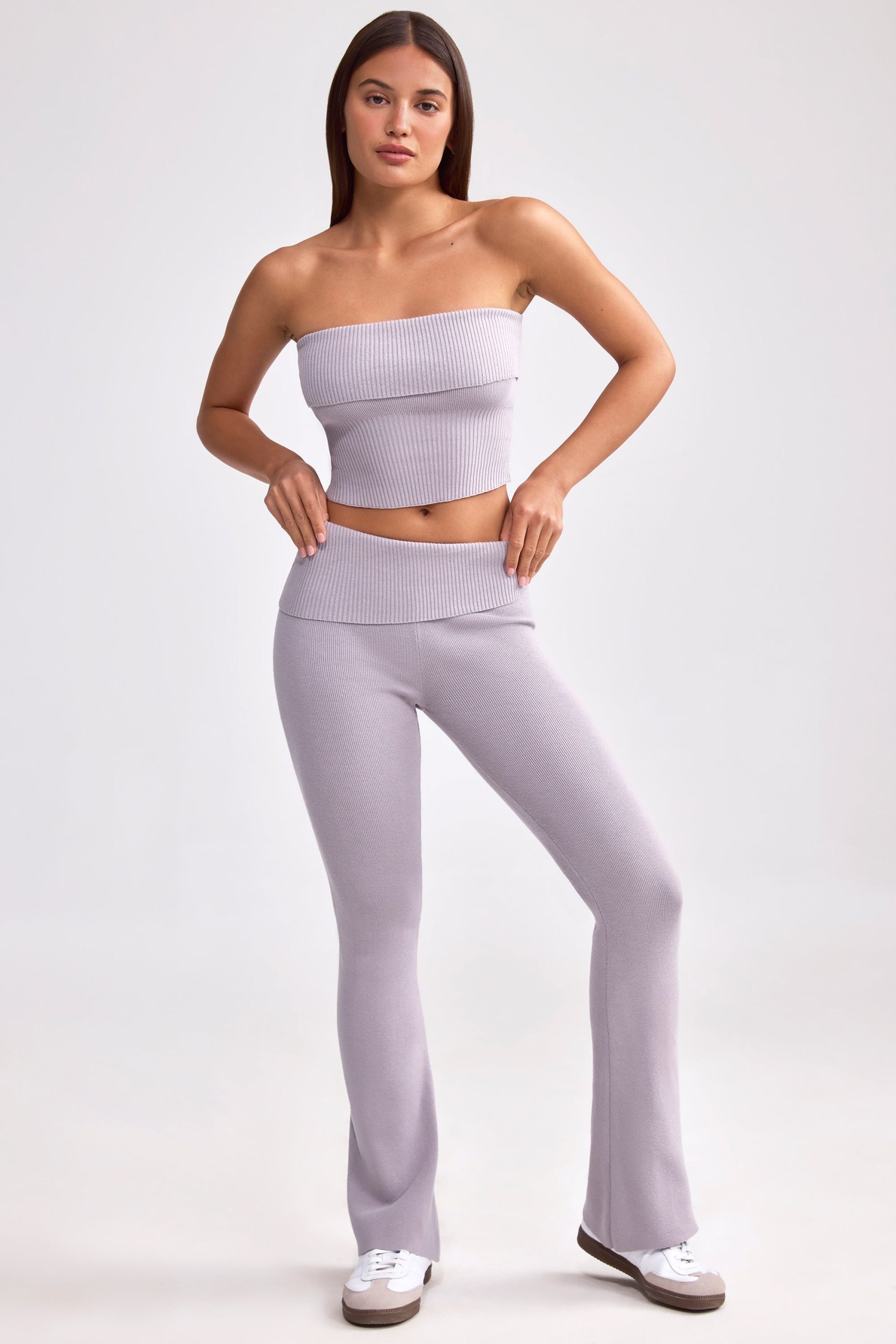 Chunky Knit Foldover Kick Flare Trousers in Dusty Lavender - Image 5