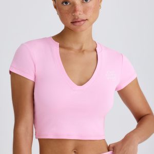 Stretch Cotton Jersey Graphic Print Cropped T-Shirt in Bubblegum Pink