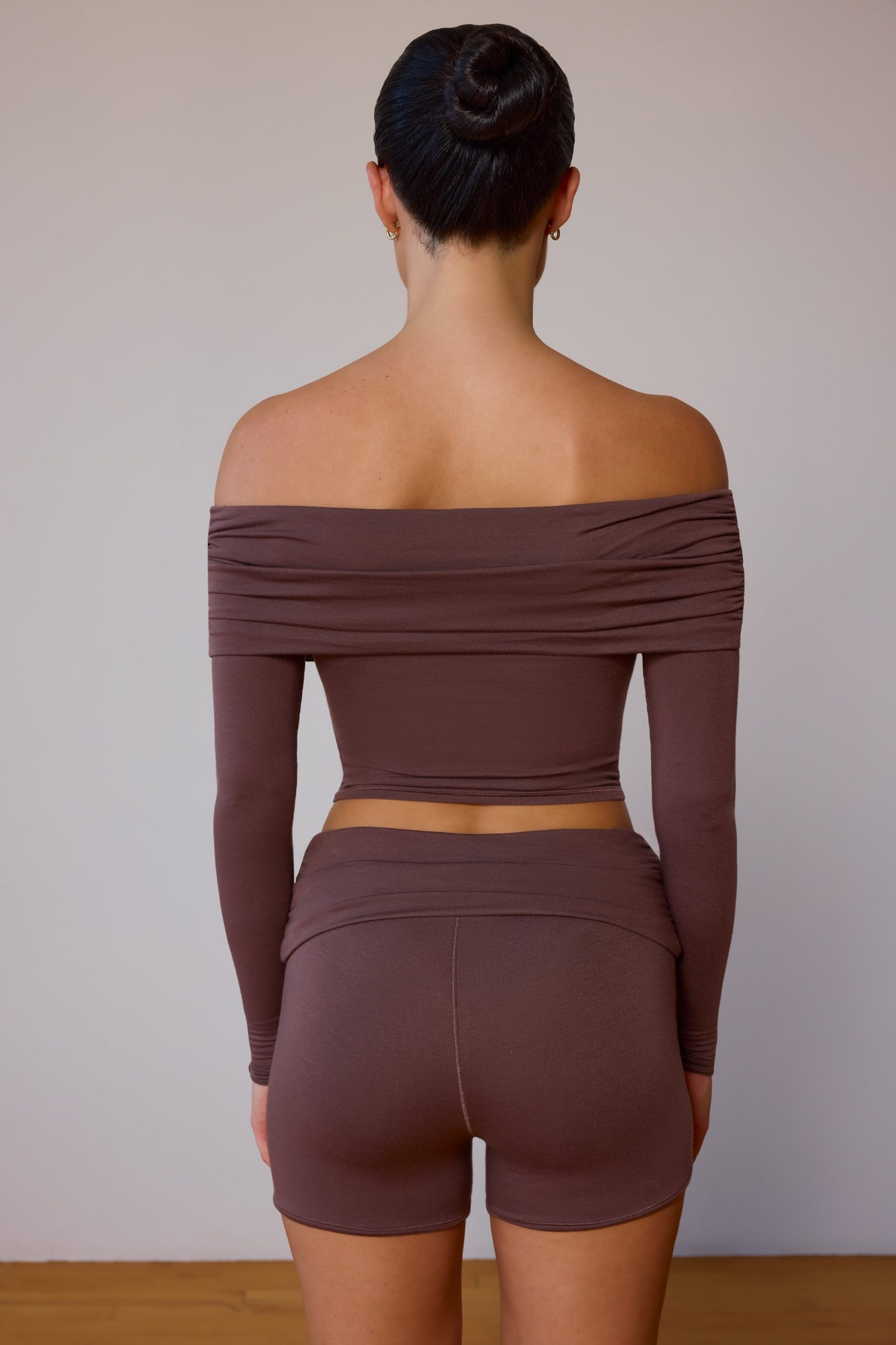 Sheer Off-Shoulder Long-Sleeve Top in Taupe Brown - Image 2
