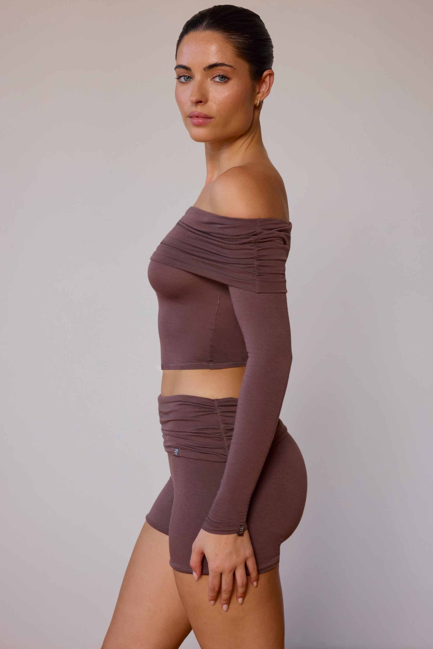 Sheer Off-Shoulder Long-Sleeve Top in Taupe Brown - Image 3