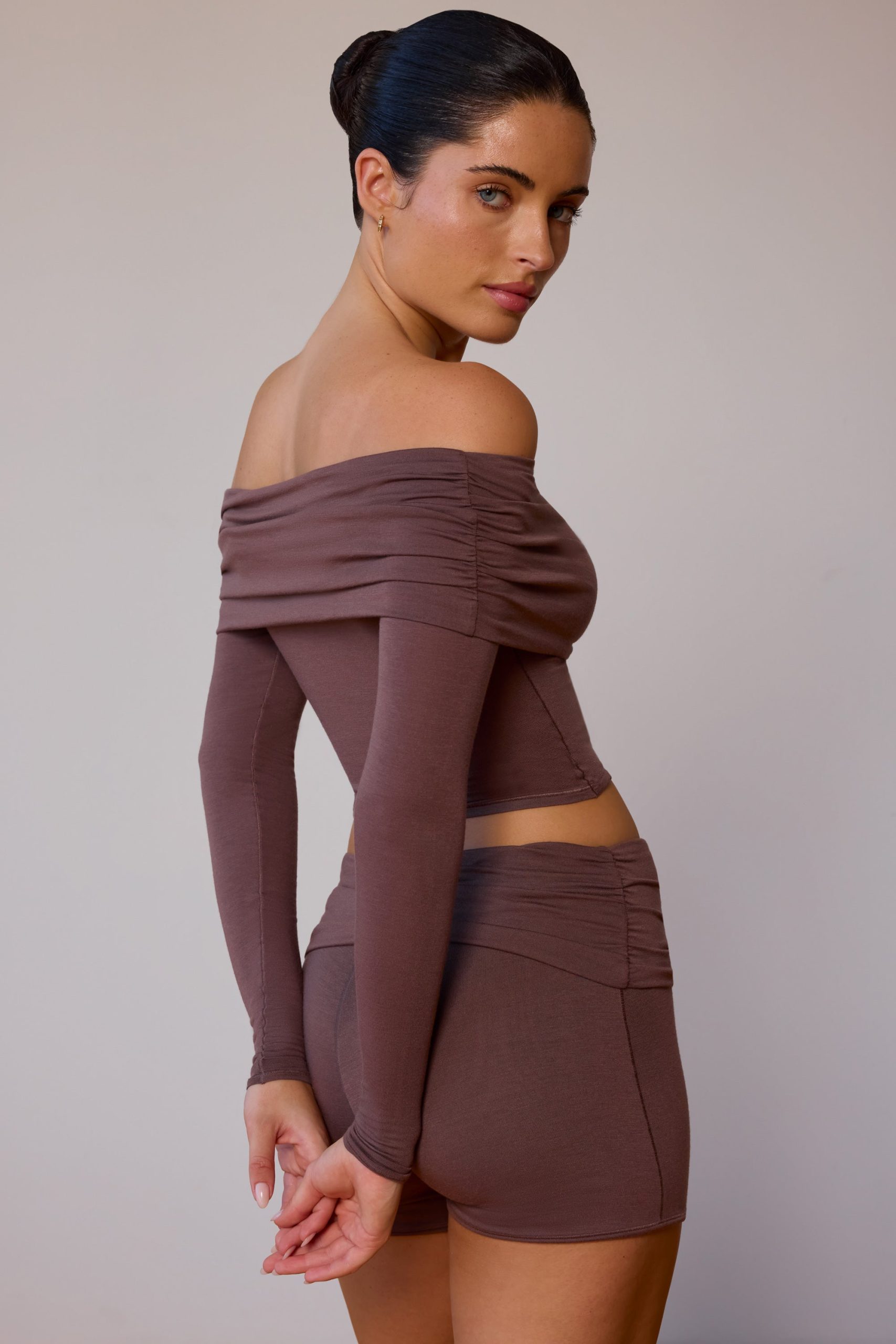 Sheer Off-Shoulder Long-Sleeve Top in Taupe Brown - Image 5