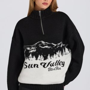 Knit Quarter-Zip Turtleneck Oversized Jumper in Black