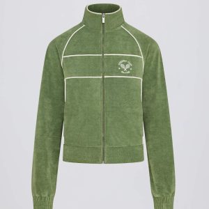 Terry Towelling Zip-Up Cropped Sweatshirt in Green
