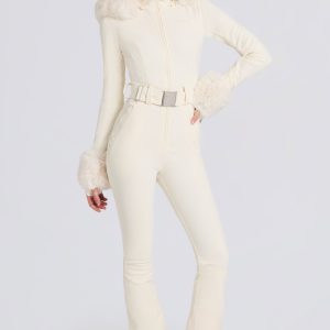 Waterproof Faux-Fur Hood Fitted Ski Suit in Ice