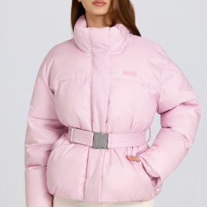 Waterproof Belted Oversized Ski Jacket in Powder Pink
