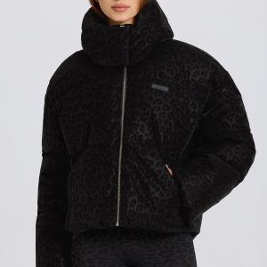 Waterproof Cropped Oversized Ski Jacket in Black Leopard