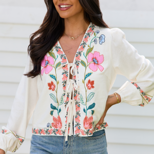 Maclyn White Floral Long Sleeve Tie Front Top
