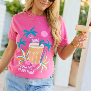 Sun. Sand. Cocktail In My Hand Pink Graphic Tee