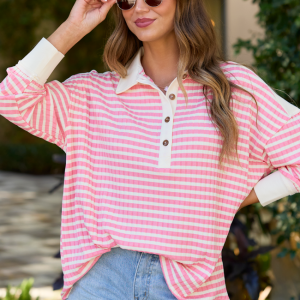 This Is The Life Pink And Ivory Stripe Oversized Henley Top