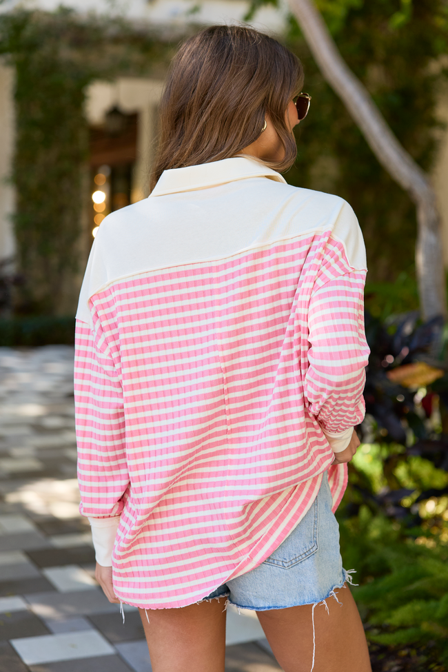 This Is The Life Pink And Ivory Stripe Oversized Henley Top - Image 6