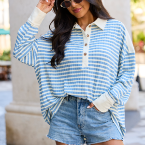 This Is The Life Blue And Ivory Stripe Oversized Henley Top