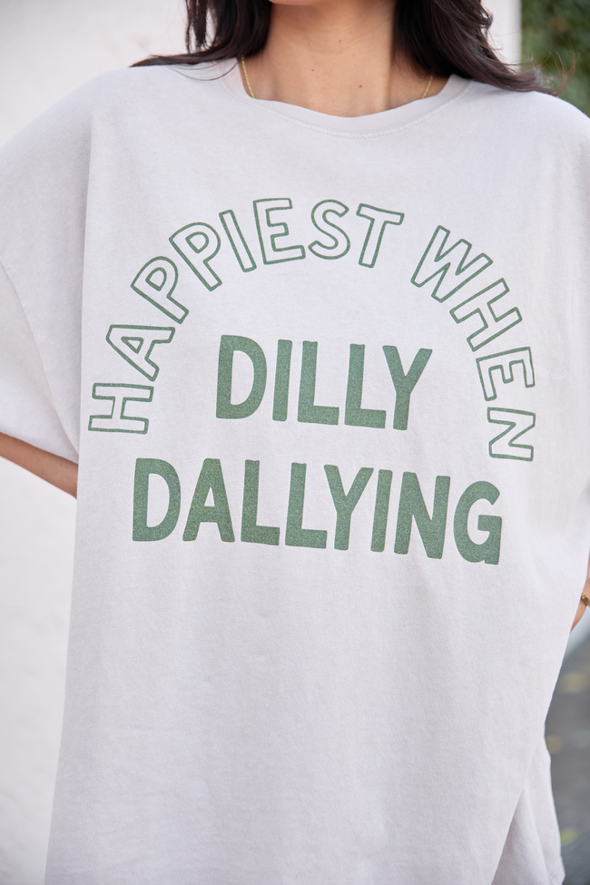 Happiest When Dilly Dallying Taupe Oversized Graphic Tee - Image 2