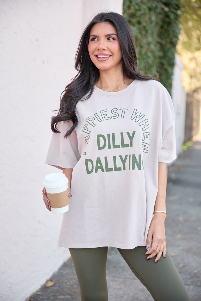 Happiest When Dilly Dallying Taupe Oversized Graphic Tee - Image 4