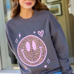 Leopard Smiley Face Dark Grey Graphic Sweatshirt