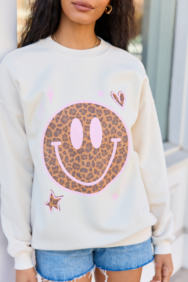 Leopard Smiley Face Cream Graphic Sweatshirt - Image 2