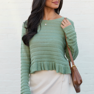 Charlotte Sage Green Open Knit Ruffle Trim Sweater