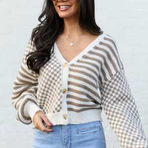 Samara Checkered And Stripes Brown And Cream Cardigan