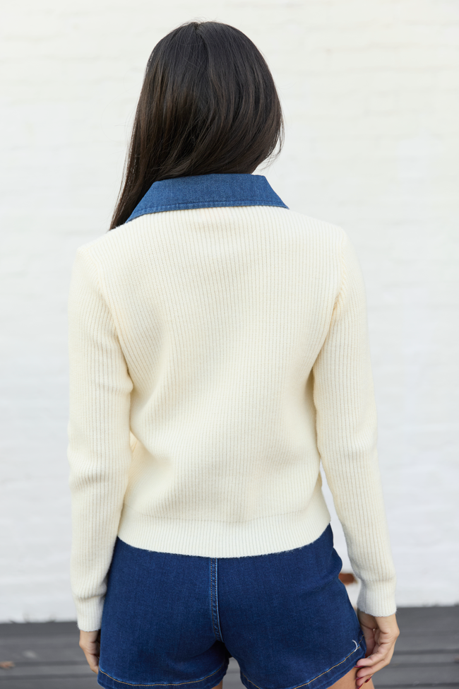 Elizabeth Denim And Ivory Collared Cardigan - Image 4