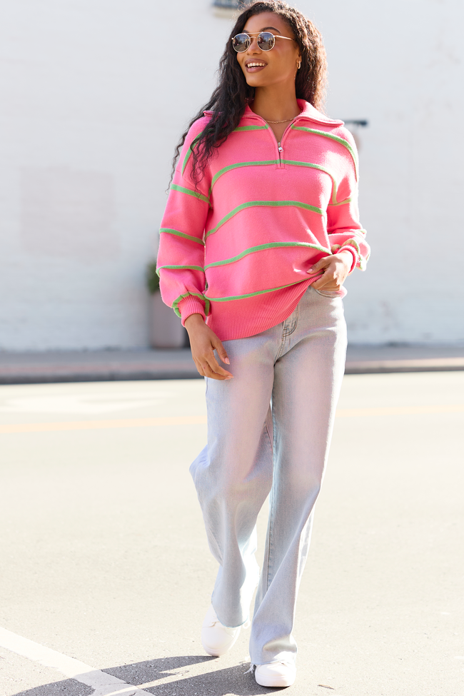 Sunday Stripe Club Pink And Green Quarter Zip - Image 2