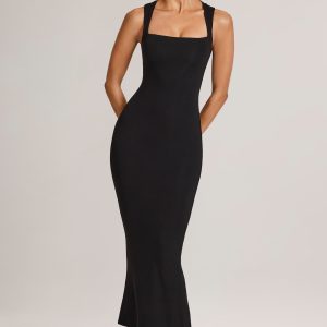 Modal Square-Neck Bodycon Midi Dress in Black